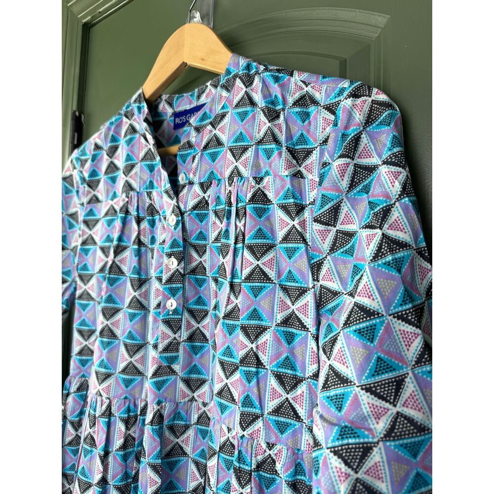 NWT Ro's Garden Rio Maxi Empire Waist Dress Boho Geometric Sikkim Lilac Blue XS - Picture 2 of 6
